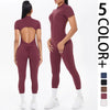Short Sleeved Fitness Jumpsuit for Woman Bodysuits Backless Solid Color Scrunch One-Piece Suit Half Zipper Gym Yoga Sets Womens - Thumbnail 1