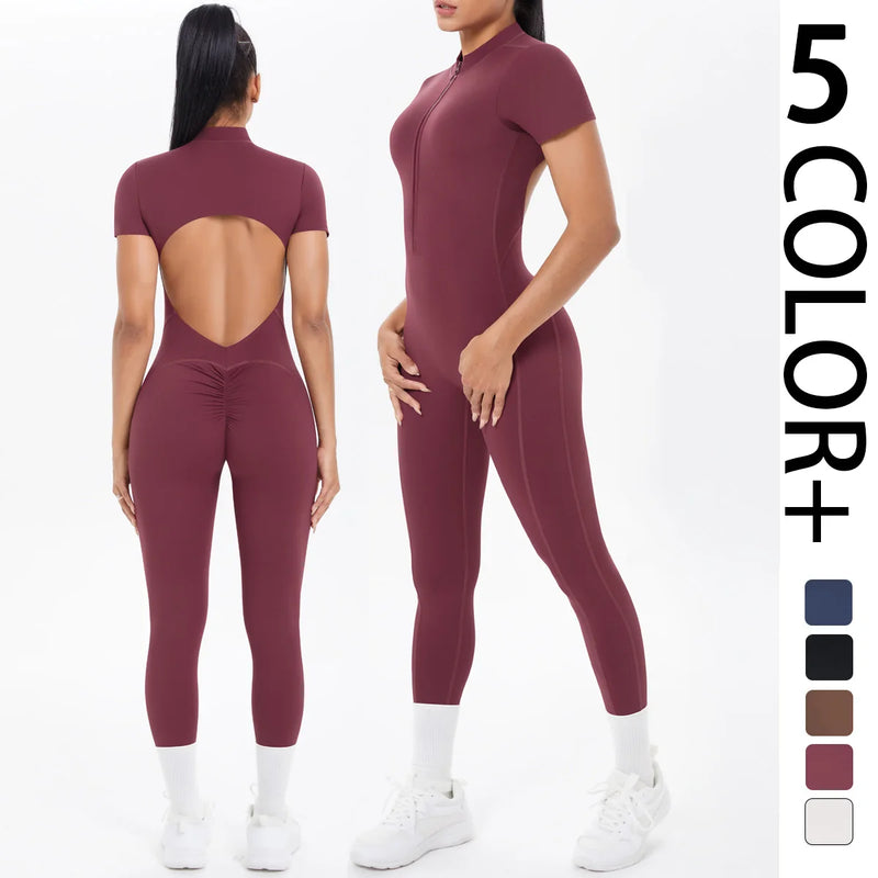 Short Sleeved Fitness Jumpsuit for Woman Bodysuits Backless Solid Color Scrunch One-Piece Suit Half Zipper Gym Yoga Sets Womens - Main Image