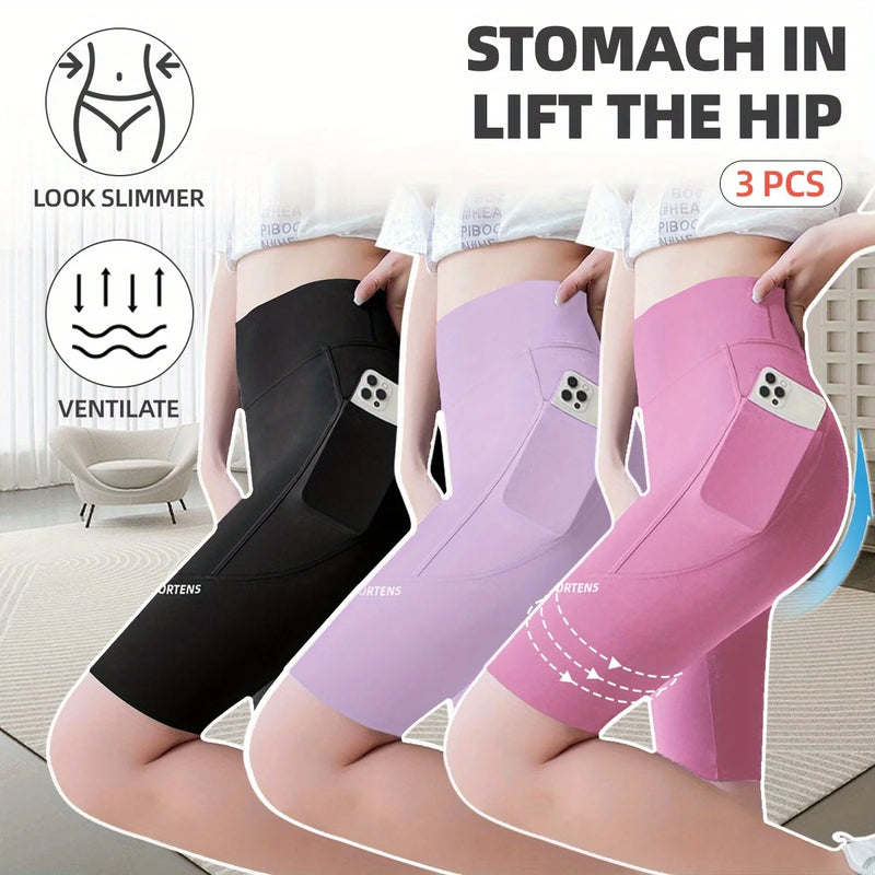 3PC Set Sports Wear Pockets High Waist Lifts Buttocks Lady Bubble Butt Yoga Pants Athletic Korea Jogging Scrunch Shorts - Main Image