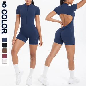 Hollow Out Backless Short Sleeved Zipper Jumpsuit for Woman Jumpsuit Yoga Suit One-Piece Legging Short Push Up Gym Yoga Clothing