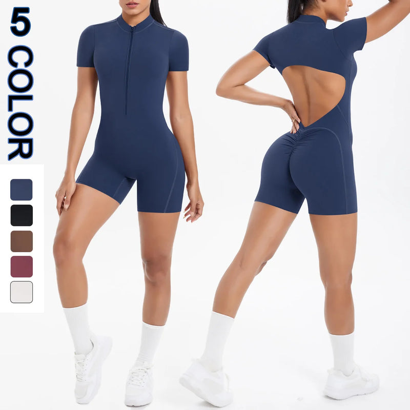 Hollow Out Backless Short Sleeved Zipper Jumpsuit for Woman Jumpsuit Yoga Suit One-Piece Legging Short Push Up Gym Yoga Clothing - Main Image