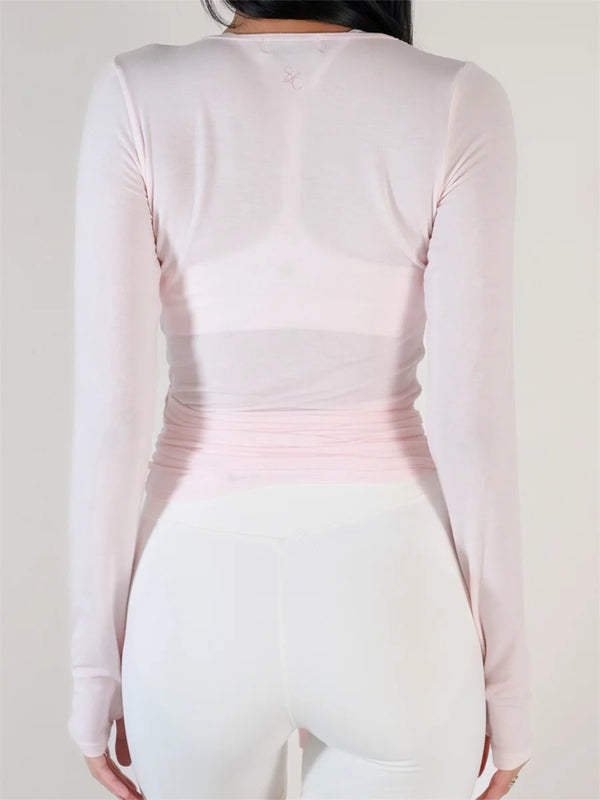 Women s Ballet Wrap Tops Solid Stylish V Neck Long Sleeve Workout T-Shirt for Yoga and Pilates Practice - Main Image