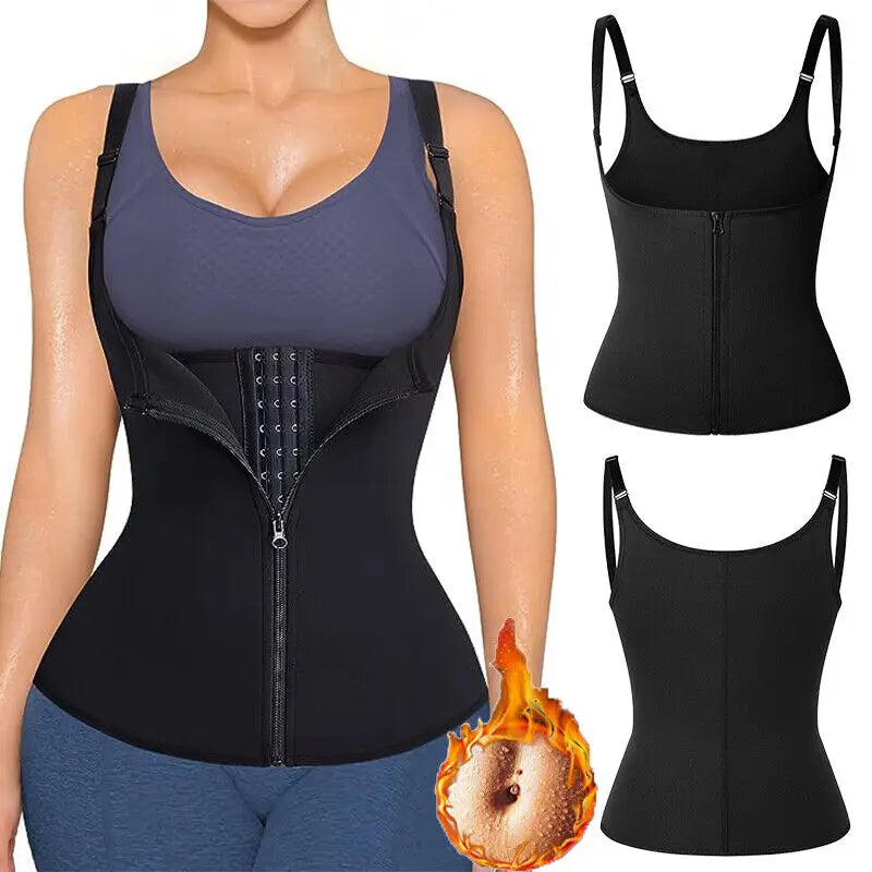 Women's Waist Trainer Sauna Sweat Vest Corset Body Shaper Neoprene Shapewear Gym Workout Tank Top Black Slimming Top with Zipper - Main Image
