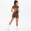 Hollow Out Backless Short Sleeved Zipper Jumpsuit for Woman Jumpsuit Yoga Suit One-Piece Legging Short Push Up Gym Yoga Clothing - Thumbnail 3